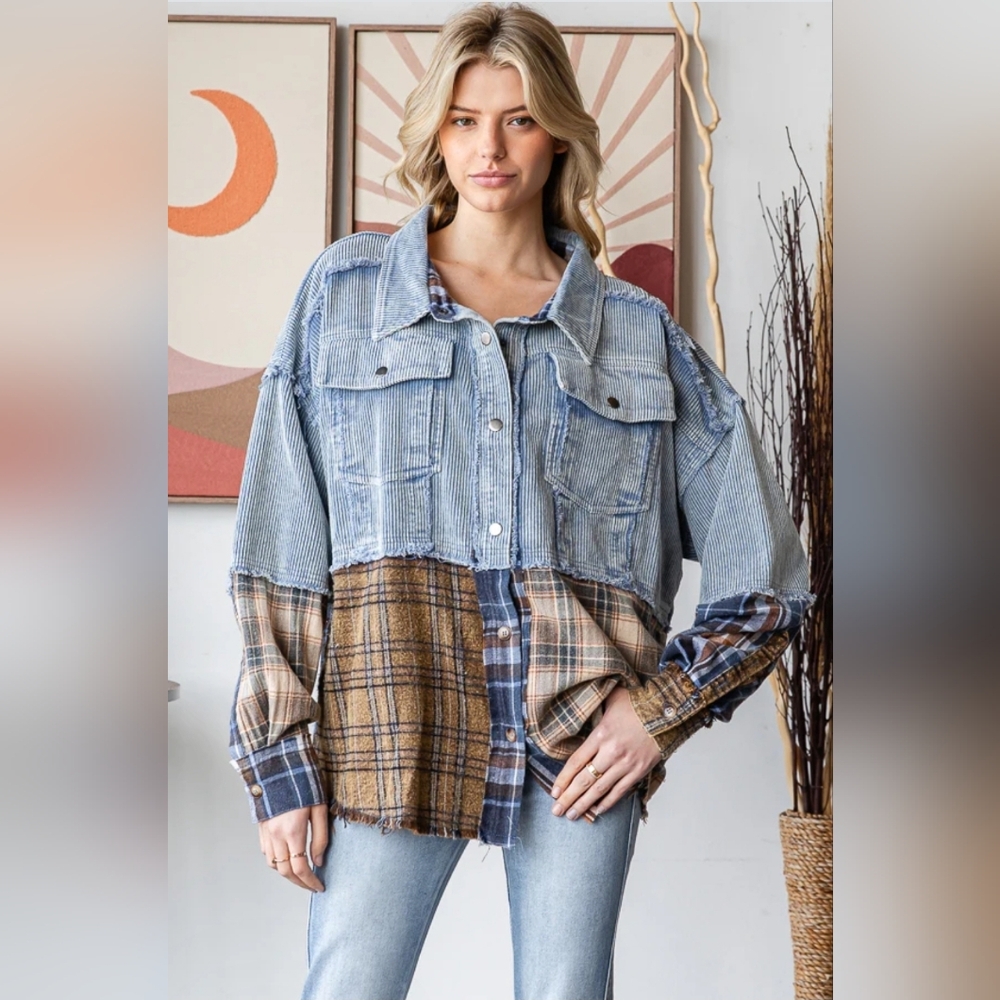 #819 Oli & Hali WASHED PLAID MIXED DENIM COLORBLOCK SHACKET